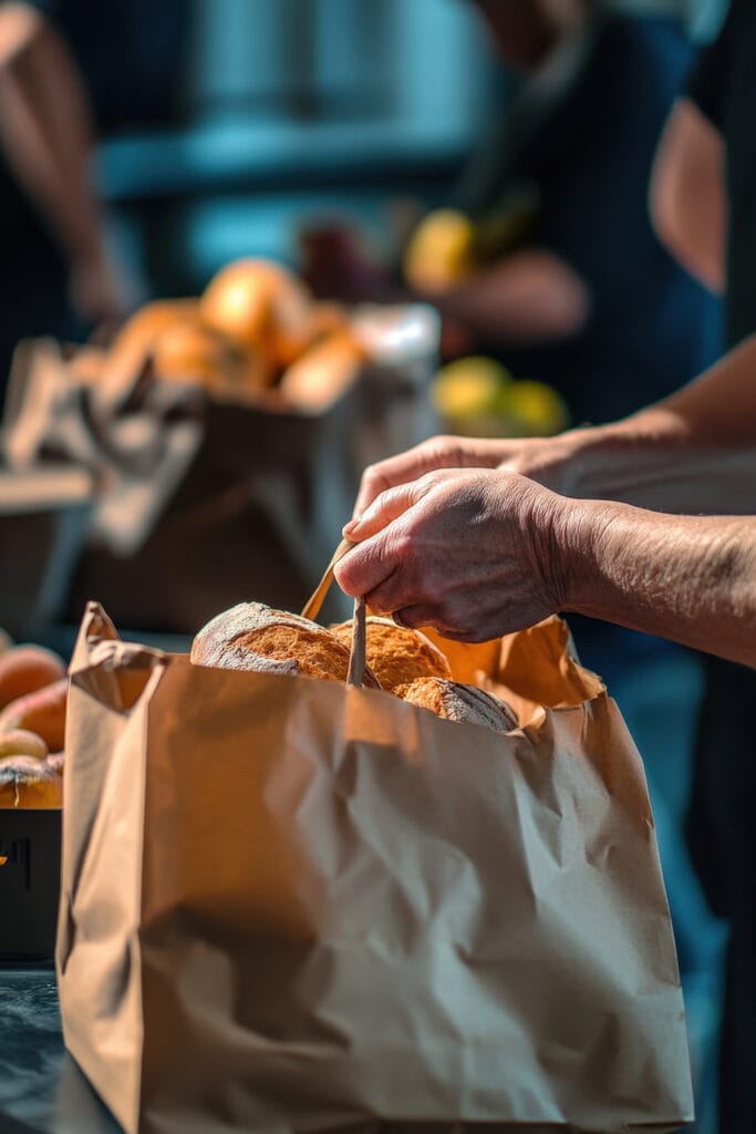Volunteer packing fresh loaves of bread into a brown paper bag at a food bank