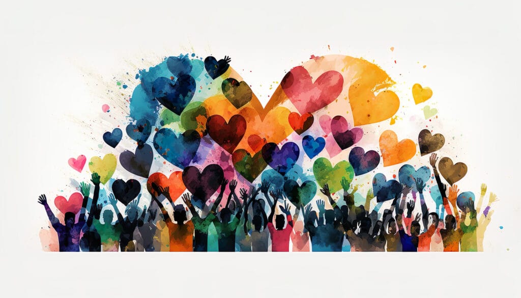 Group of multicultural people with arms and hands raised towards